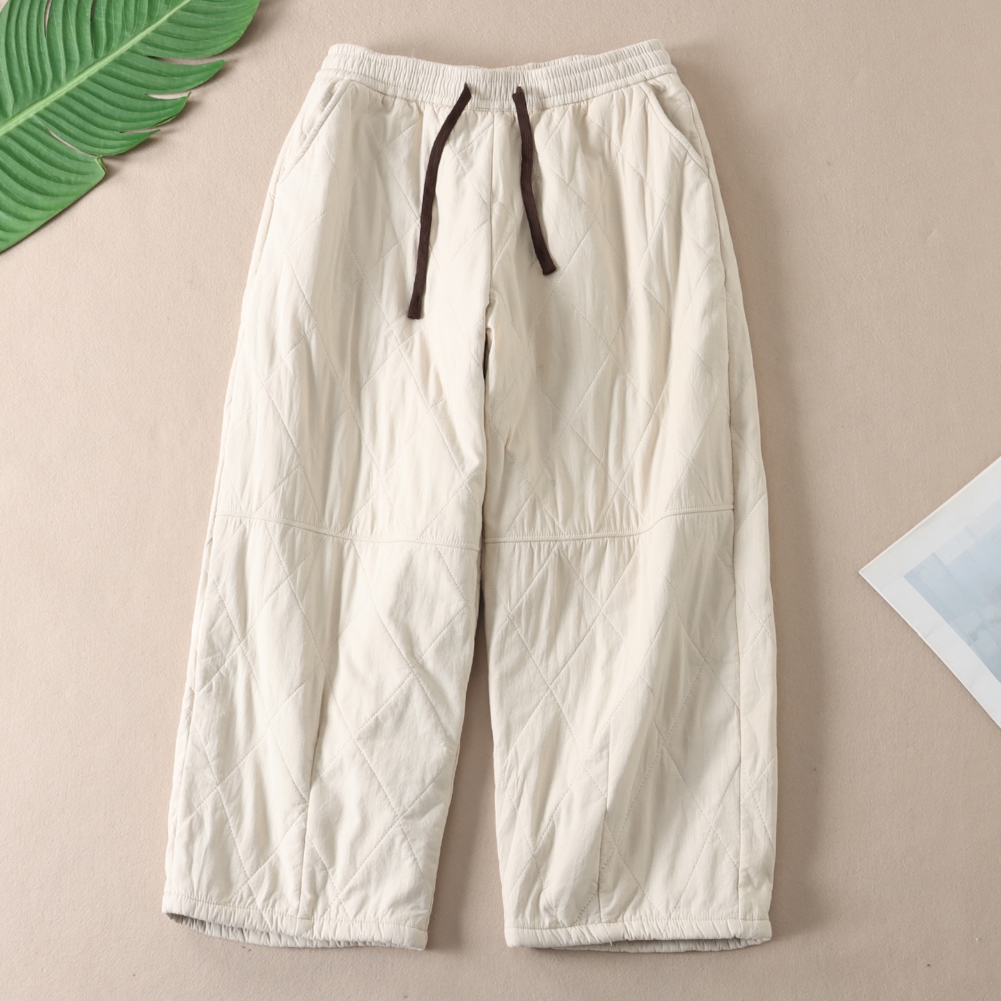 复古文艺菱格绗线加绒加厚休闲裤