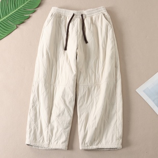 复古文艺菱格绗线加绒加厚休闲裤 F394 女水洗纯棉显瘦宽松保暖长裤