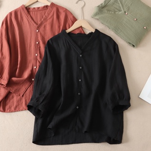 文艺复古宽松大版 女W83 型简约V领松弛显瘦遮肉透气冰丝麻衬衫