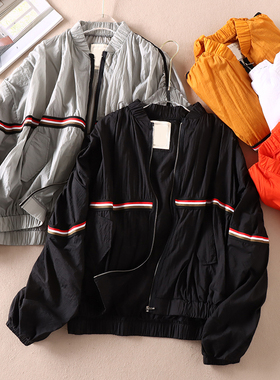 轻薄款防晒衣女 时尚彩条宽松褶皱长袖立领蝙蝠袖休闲外套 D607