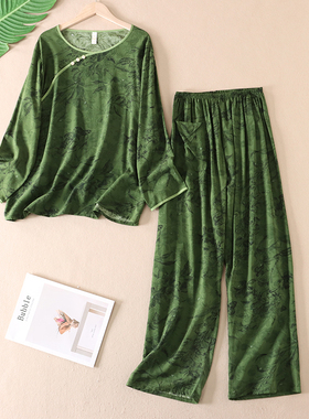 国风睡衣女夏绵绸印花两件套装长袖长裤人造棉新中式家居服 F3178