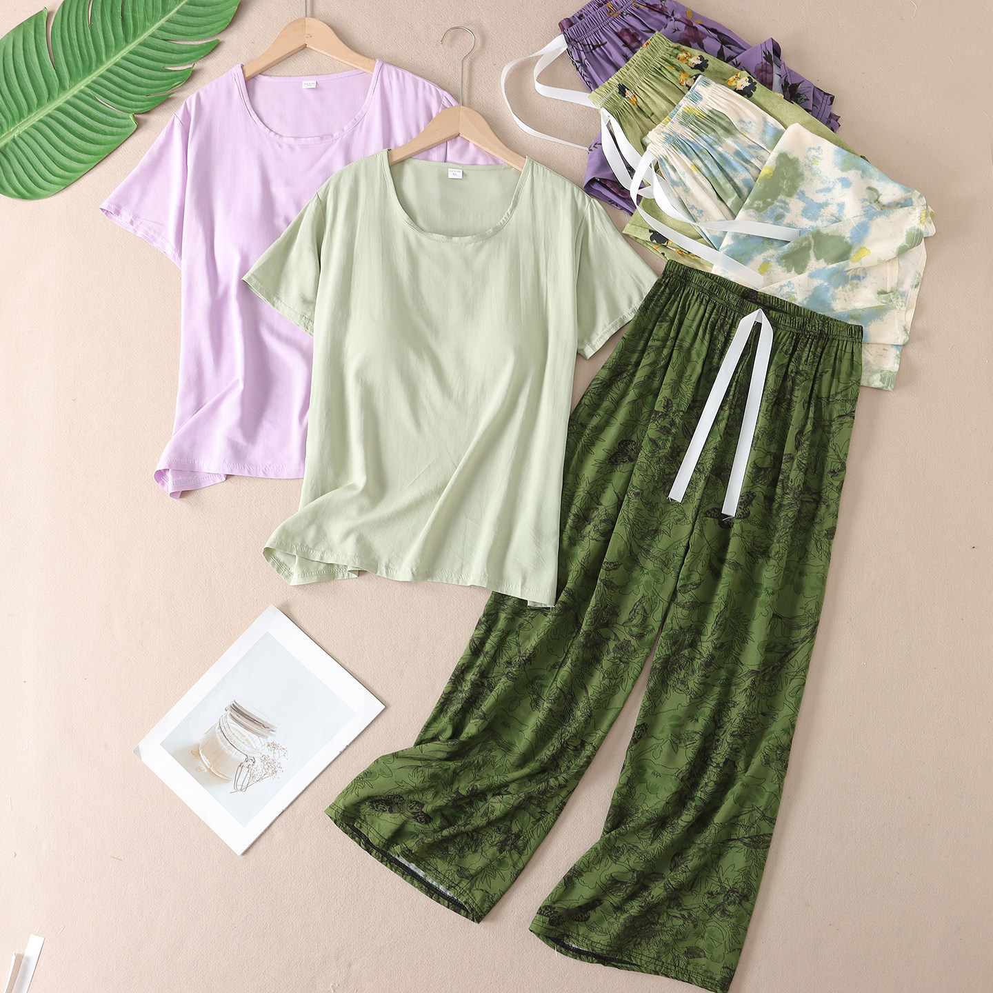 带胸垫免穿文胸~绵绸短袖阔腿裤睡衣套装女夏透气可外穿家居服W92