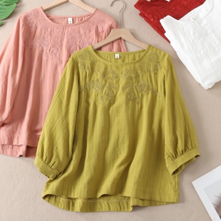 W89 圆领套头显瘦气质上衣 文艺精致刺绣纯棉纱衬衫 女春夏七分袖