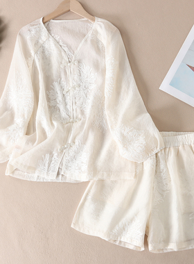 梦幻仙气~气质防晒刺绣套装短裤女夏新中式时尚减龄两件套衣 F403