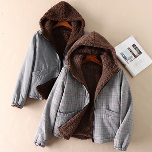 双面穿棉服 WD240 柔软羊羔绒连帽棉衣女冬保暖加厚格子拉链开衫