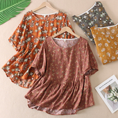 复古田园风小碎花纯棉T恤女装 夏宽松遮肚子圆领文艺百搭上衣 A851