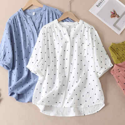 清新洋气波点纯棉纱显瘦V领衬衫