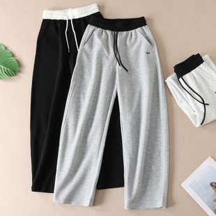 W148 女华棉刺绣高腰宽松弯刀运动长裤 韩系秋装 年轻慵懒休闲卫裤