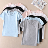 透气吸汗棉质上衣女 夏新简约纯色短袖 v领百搭显瘦T恤修身 D339