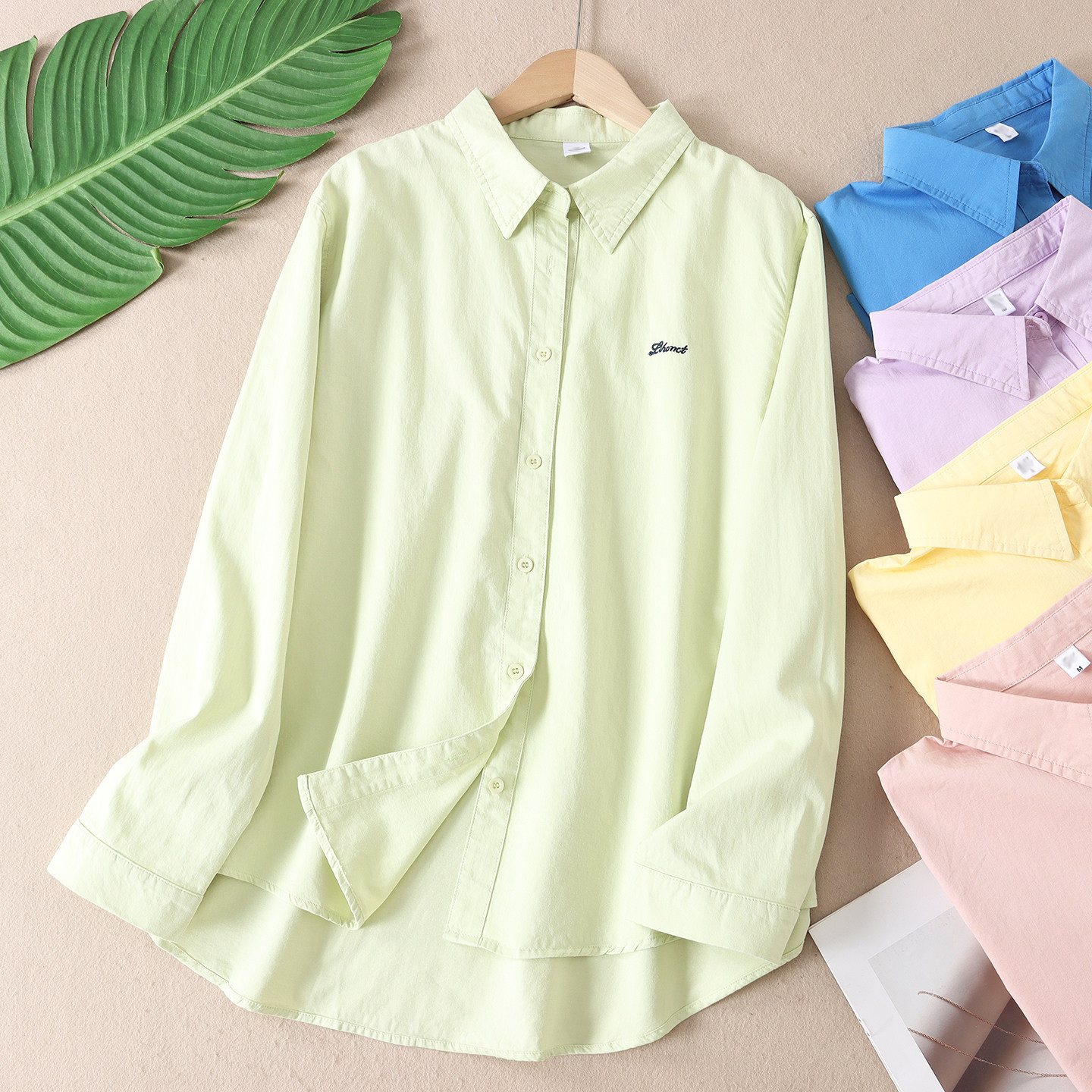 春日洋气糖果色纯棉衬衫女百搭休闲风宽松刺绣百搭韩版上衣 W151