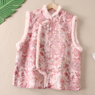 温柔洋气新中式 印花坎肩马甲外套X254 鎏金叠穿马夹女冬新保暖无袖