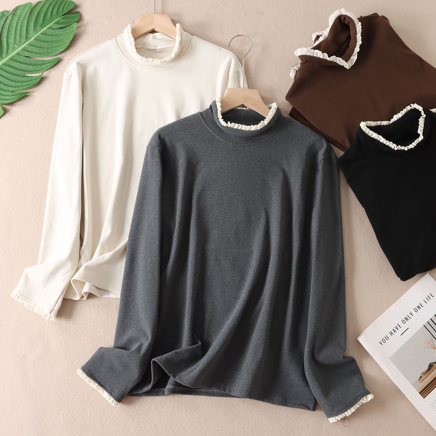 韩系温柔蕾丝自发热德绒保暖T恤