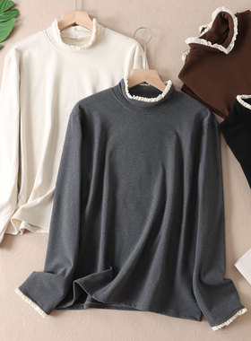 韩系温柔蕾丝花边自发热德绒保暖T恤女秋冬百搭发热长袖上衣F105