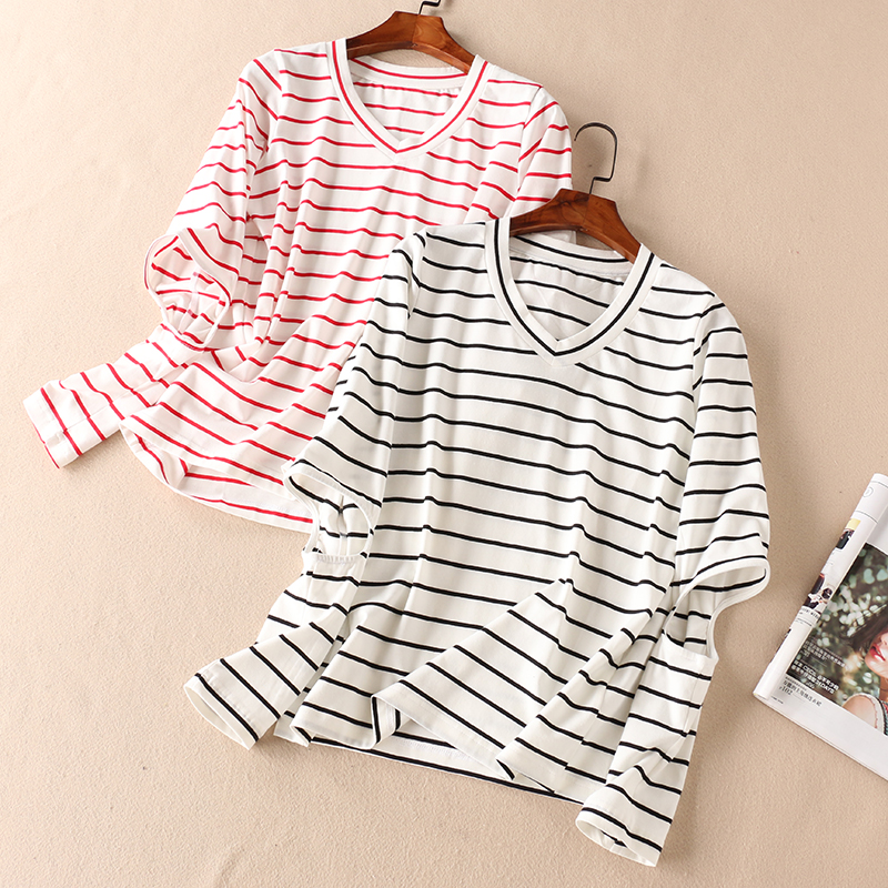 价廉物美 显瘦百搭女装上衣 经典条纹春秋V领镂空长袖T恤 B695