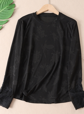 2025秋新蕾丝提花刺绣长袖T恤女洋气圆领显瘦垂感外穿打底上衣W87