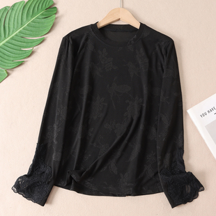 T恤女洋气圆领显瘦垂感外穿打底上衣W87 2025秋新蕾丝提花刺绣长袖