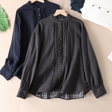 日系复古文艺色织纯棉纱花边立领长袖格子衬衫女秋新宽松衬衣W386