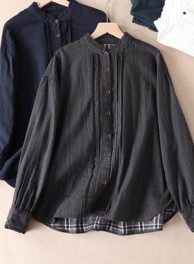 日系复古文艺色织纯棉纱花边立领长袖格子衬衫女秋新宽松衬衣W386