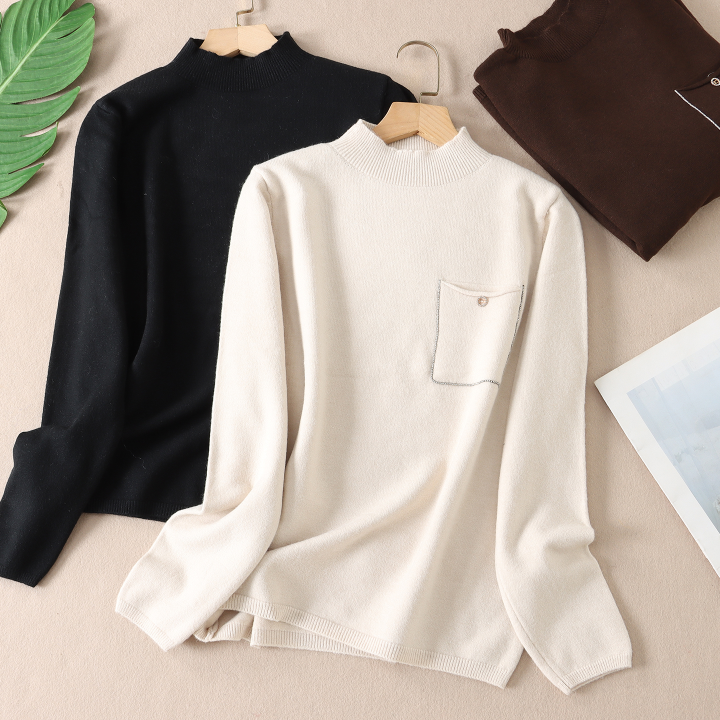 法式优雅串珠口袋半高领针织毛衣