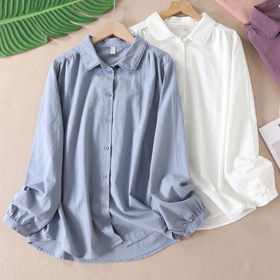 韩版俏皮娃娃领纯棉长袖衬衫简约