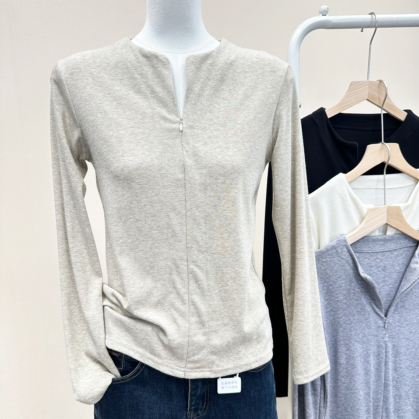 法式气质半开圆领拉链显瘦t恤