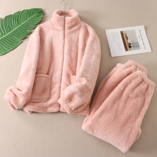 F642 加绒保暖外穿两件套睡衣睡裤 软糯加厚珊瑚绒家居服套装 女冬季