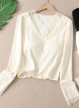 带胸垫~温柔纯欲蕾丝花边长袖T恤女拉绒保暖修身短款打底上衣 T58