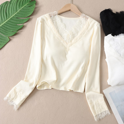 带胸垫~温柔纯欲蕾丝花边长袖T恤女拉绒保暖修身短款打底上衣 T58