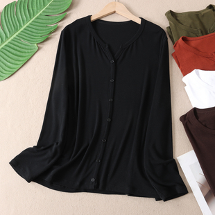 t恤女显瘦百搭v领内搭打底衫 上衣W29 单排扣长袖 垂坠透气经典