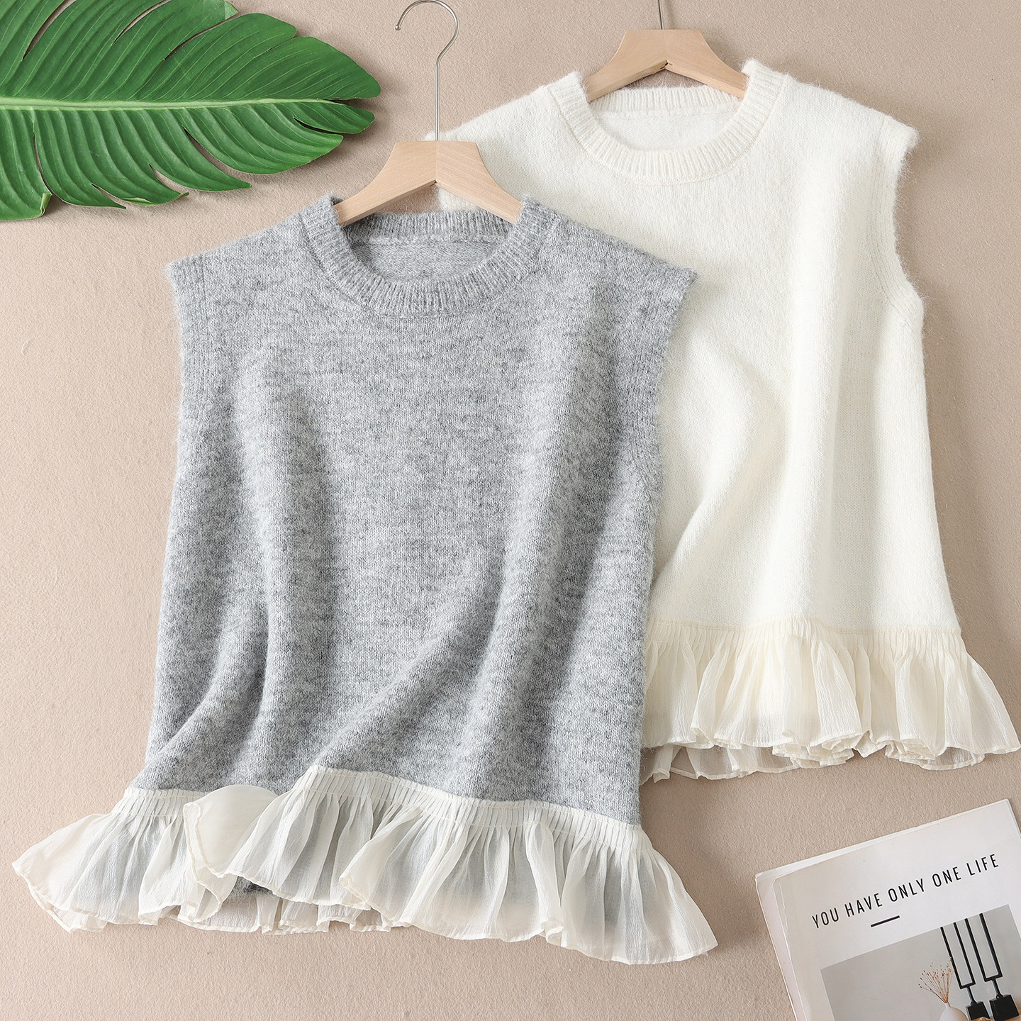 韩系荷叶边无袖针织马甲女圆领百搭叠穿显瘦上衣WA197