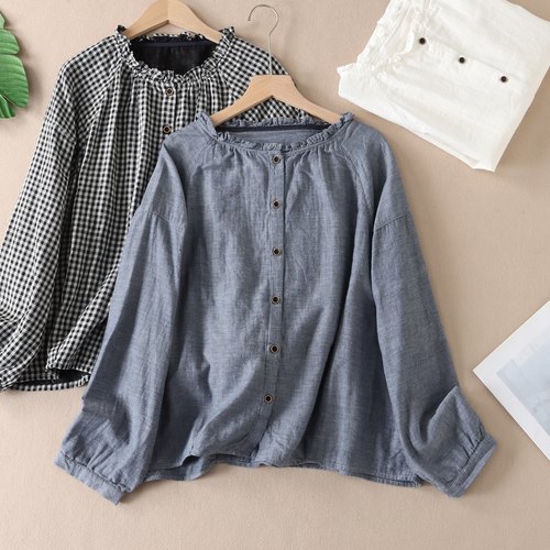 复古文艺木耳边纯棉纱长袖衬衫
