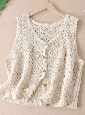 洋气文艺叠穿钩花背心女夏宽松外搭马甲无袖镂空蕾丝衫 W3237