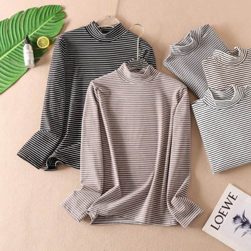 修身显瘦条纹弹力德绒打底衫