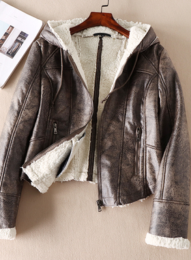 2021冬款帅气连帽皮毛一体棉服女拉链修身短款羊羔毛棉衣外套D405