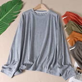 遮肉褶皱秋季 长袖 基础款 阔版 T恤女圆领宽松外穿纯色打底衫 C102