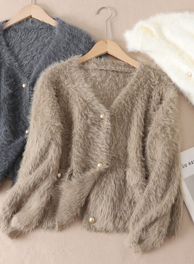 600克~温柔软糯仿水貂绒针织开衫女秋冬小香风保暖毛衣外套 WA76