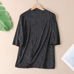 秋优雅气质低调星空亮片七分中袖 W384 针织t恤女免烫垂坠打底上衣