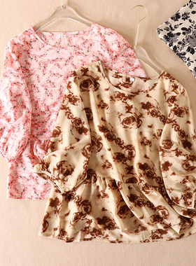 柔软飘逸 复古印花乔其纱短袖T恤女夏遮肉高腰圆领九分袖上衣B374