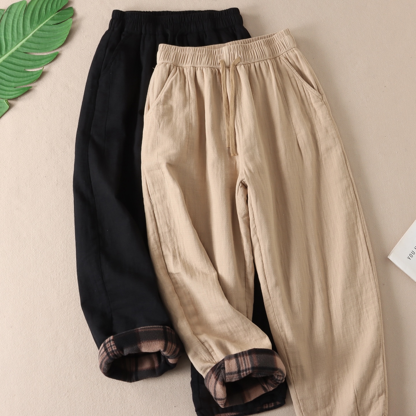 文艺复古水洗纯棉加绒加厚休闲裤