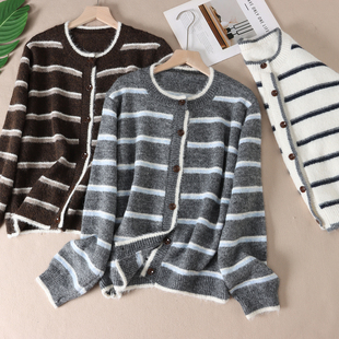 韩版条纹仿驼绒毛衣开衫女2025秋冬新宽松气质针织外套上衣 WA185