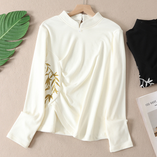 上衣F572 女冬磨毛收腰显瘦打底衫 雅致文艺新中式 立领竹叶刺绣衬衫