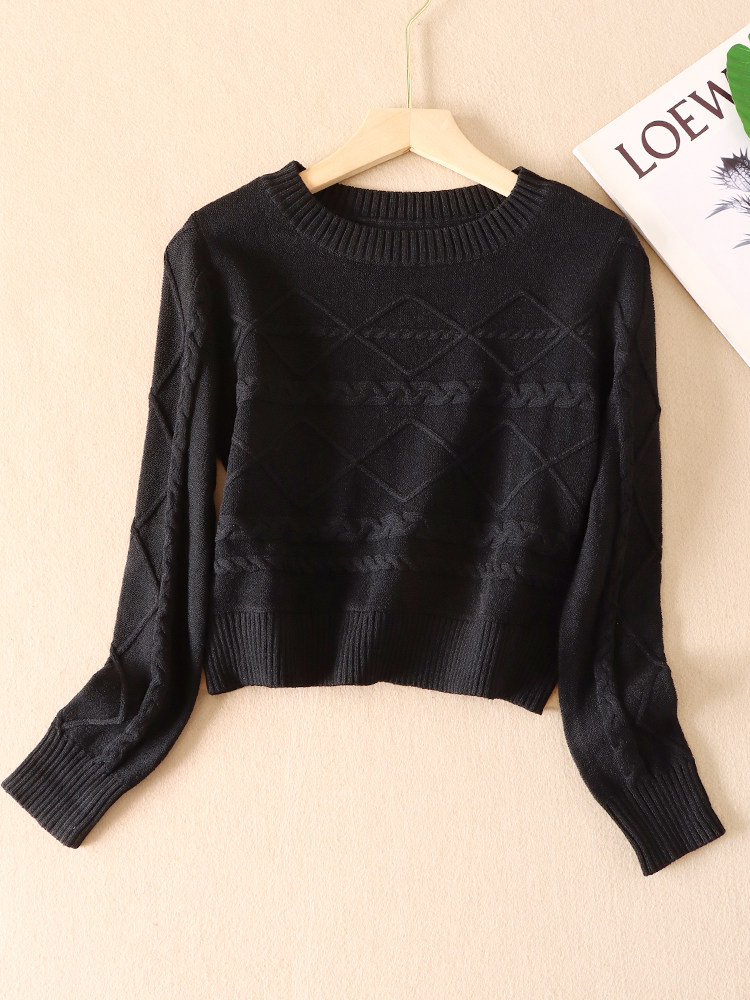 圆领套头不起球菱格短款针织衫