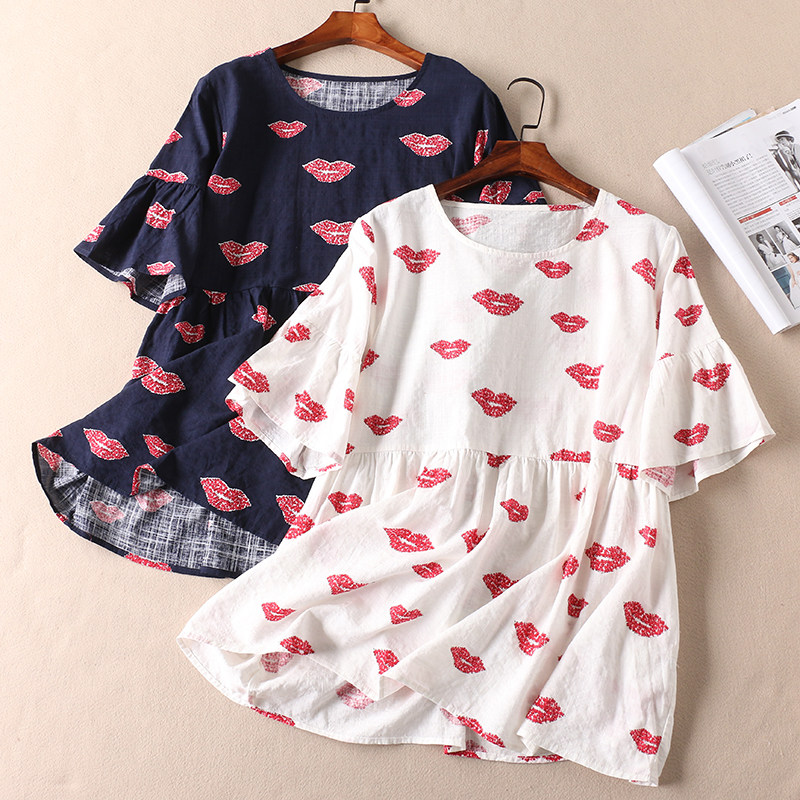 显瘦褶皱高腰夏新透气舒适印花宽松棉麻t恤女喇叭短袖上衣 b367