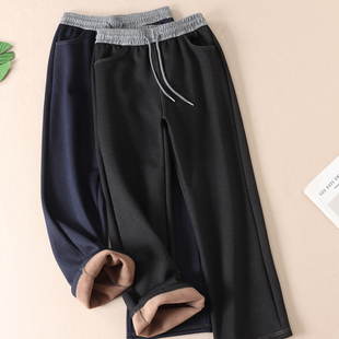 牛仔色保暖厚长裤 女冬显瘦窄版 W570 洋气拼色高腰加绒休闲裤 530克