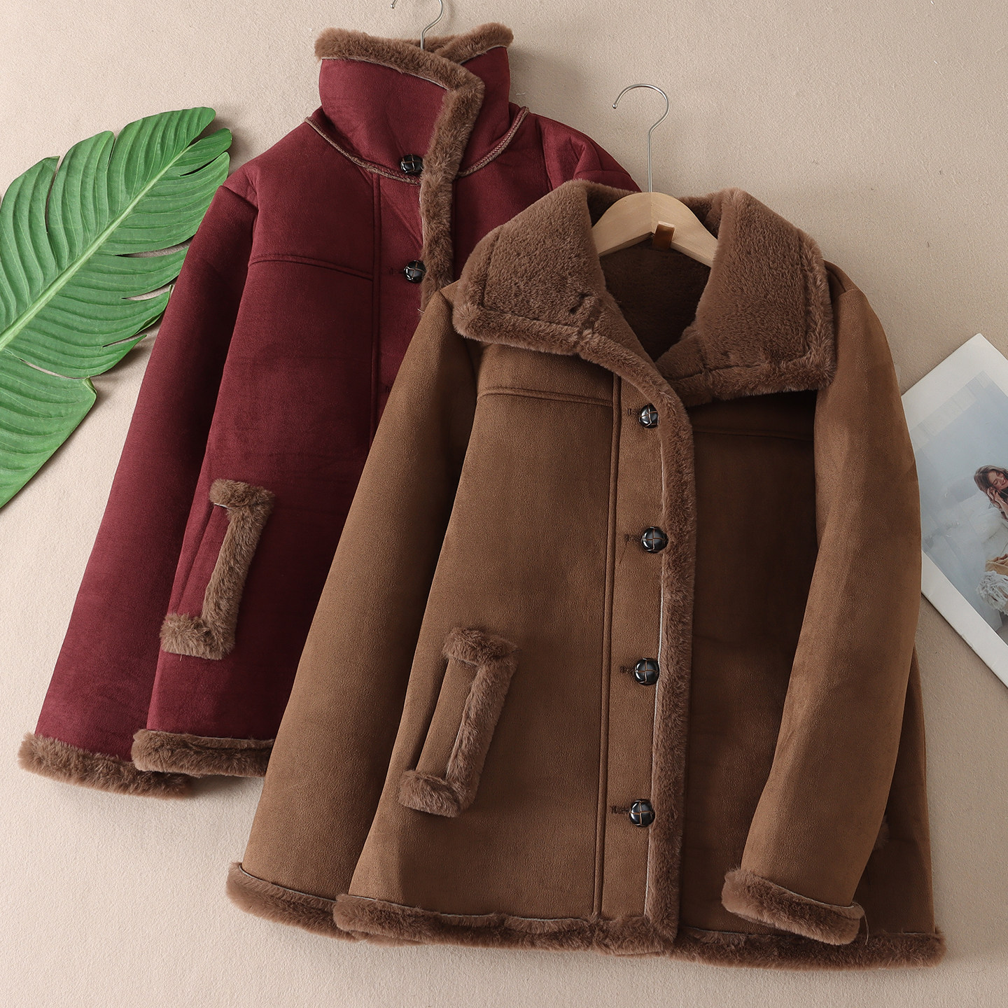 韩版洋气仿皮草皮毛一体翻领外套