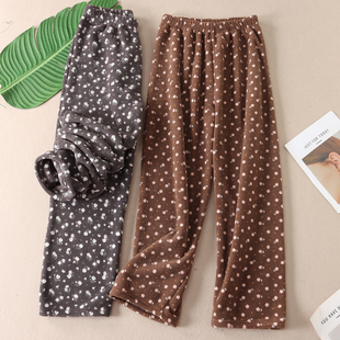 云感柔软复古碎花保暖家居裤女冬珊瑚绒高腰外穿睡裤长裤X38