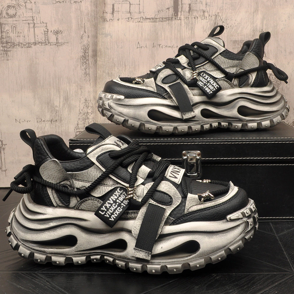 网红爆款时尚潮流老爹鞋春季擦色做旧皮面脏脏鞋拼色原创流行男鞋