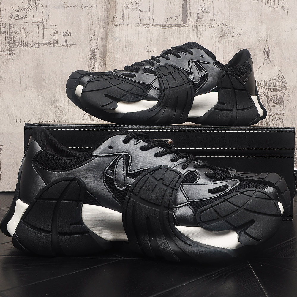 夏季新款男士拼色暗黑风休闲网面鞋时尚厚底头层牛皮轻奢运动鞋子