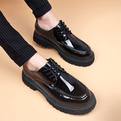 男士 厚底松糕皮鞋 内增高8cm商务休闲亮皮皮鞋 春秋季 布洛克漆皮鞋