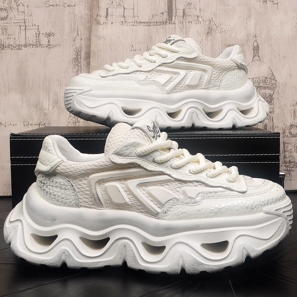 鱼骨风复古擦色春夏时尚百搭厚底增高透气轻便个性软底男款老爹鞋